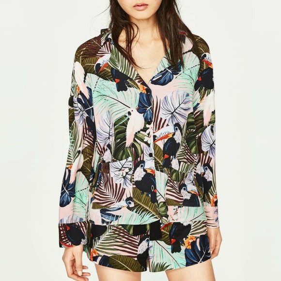 ZARA Tropical Birds Toucan Cockatoo Collared Shirt Blouse - Picture 7 of 16